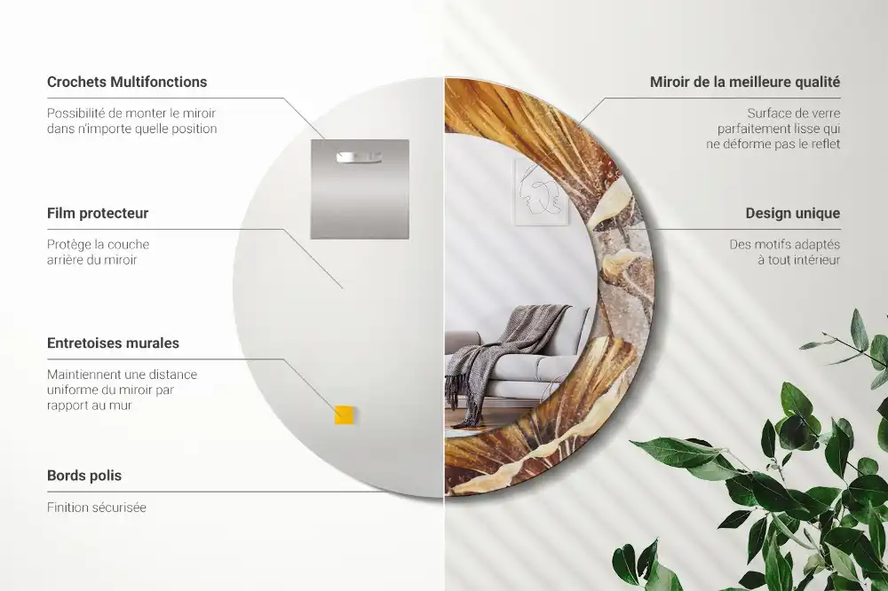 Okrúhle zrkadlo s potlačeným rámom Boho listy