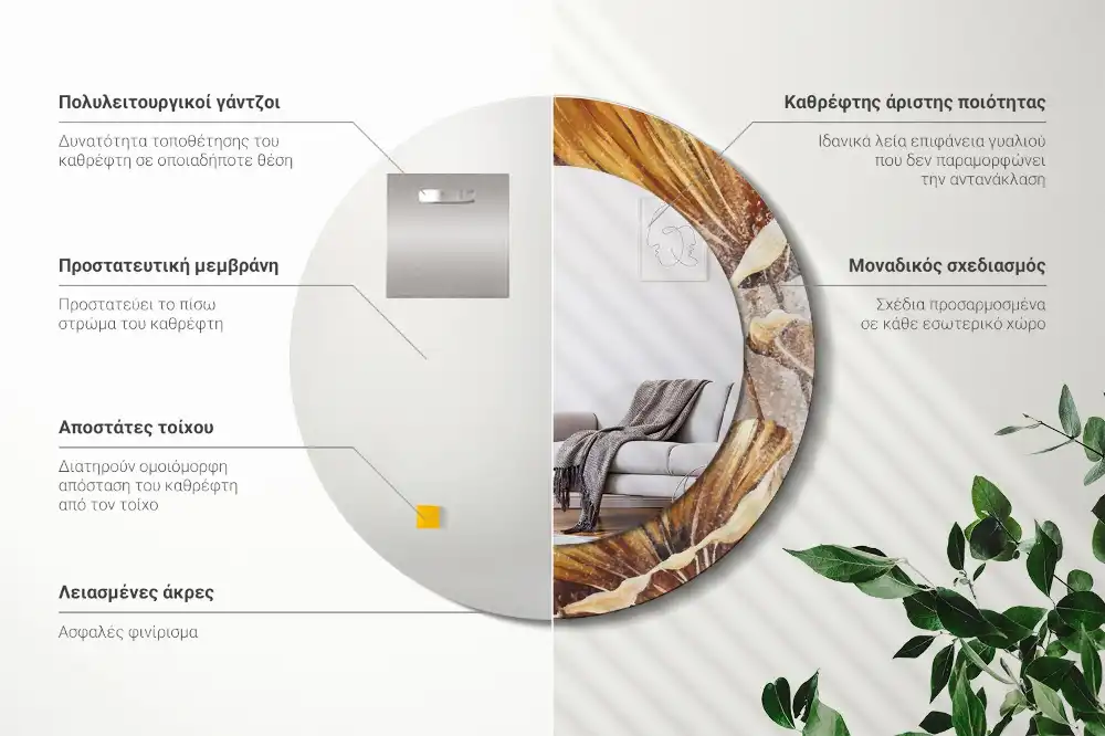 Okrúhle zrkadlo s potlačeným rámom Boho listy