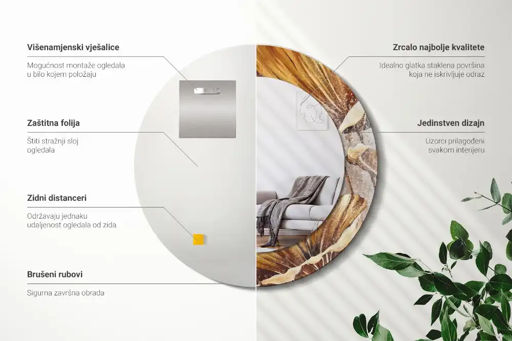 Okrúhle zrkadlo s potlačeným rámom Boho listy