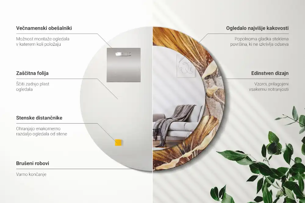 Okrúhle zrkadlo s potlačeným rámom Boho listy