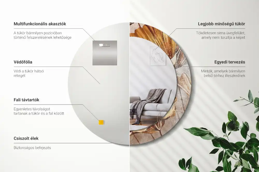 Okrúhle zrkadlo s potlačeným rámom Boho listy