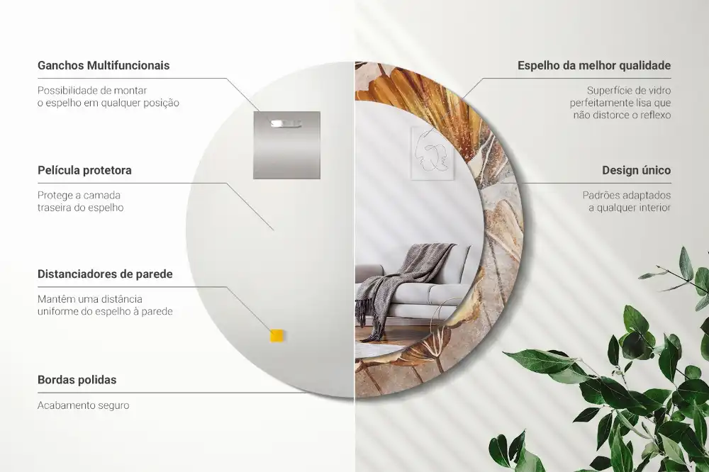 Okrúhle zrkadlo s potlačeným rámom Boho listy