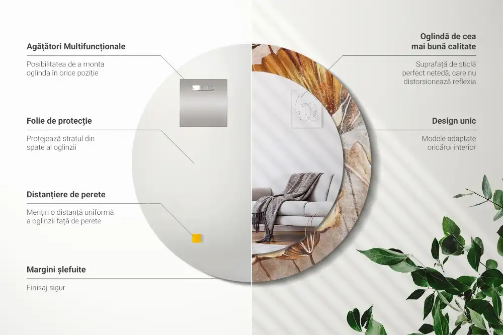 Okrúhle zrkadlo s potlačeným rámom Boho listy