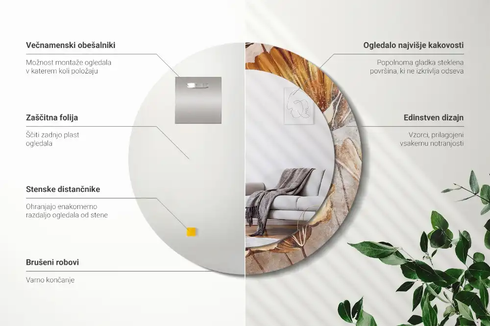 Okrúhle zrkadlo s potlačeným rámom Boho listy
