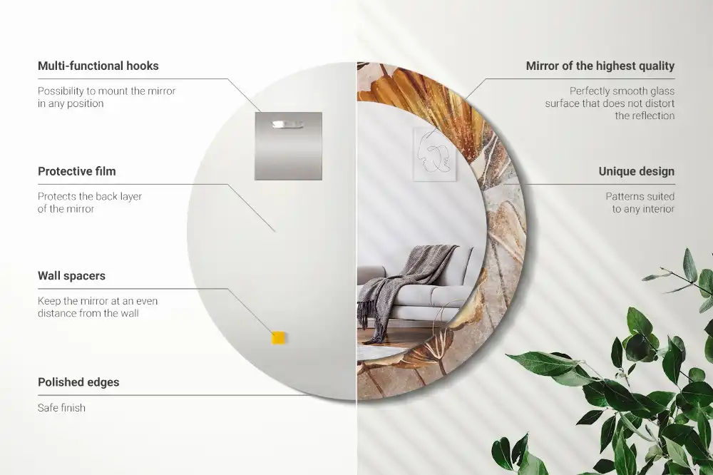 Okrúhle zrkadlo s potlačeným rámom Boho listy