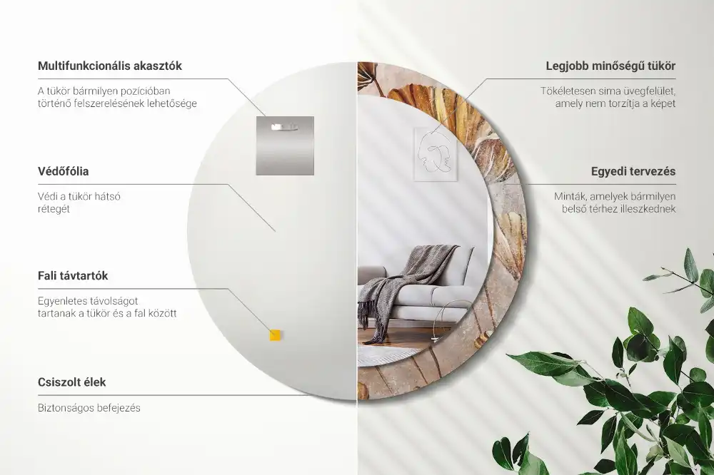 Okrúhle zrkadlo s potlačeným rámom Boho listy