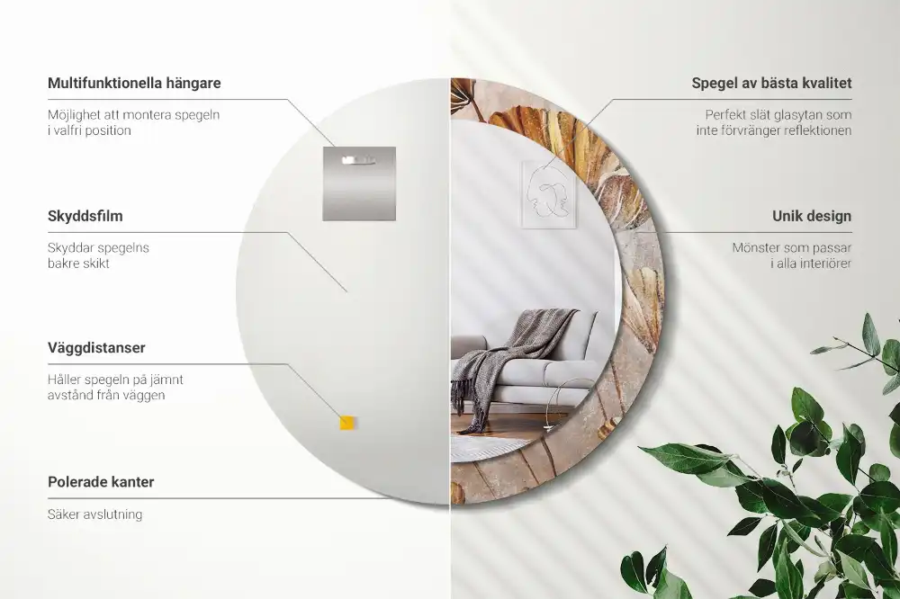 Okrúhle zrkadlo s potlačeným rámom Boho listy