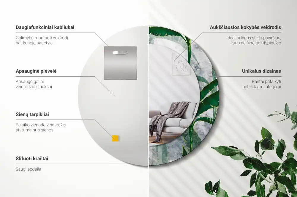 Okrúhle dekoračné zrkadlo na stenu Tropické listy