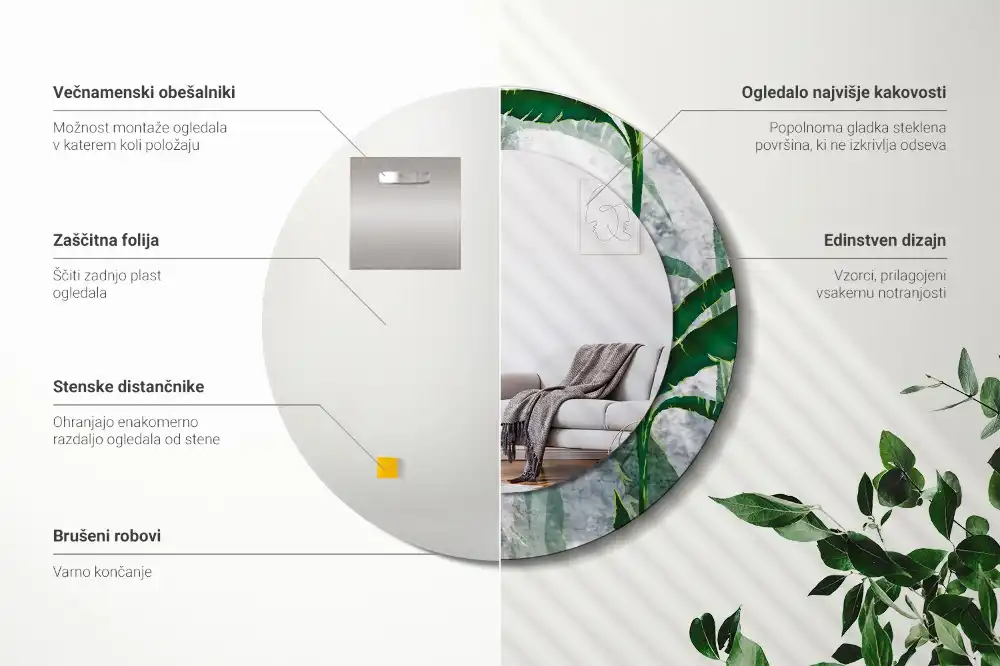 Okrúhle dekoračné zrkadlo na stenu Tropické listy