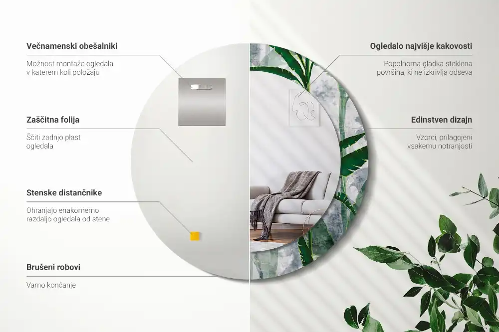 Okrúhle dekoračné zrkadlo na stenu Tropické listy