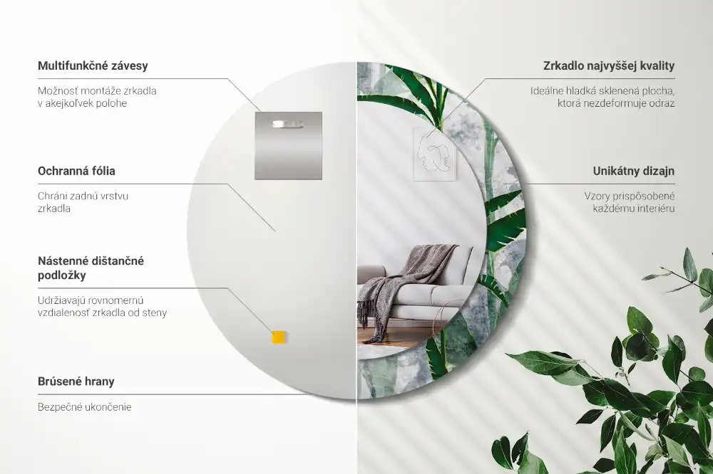 Okrúhle dekoračné zrkadlo na stenu Tropické listy