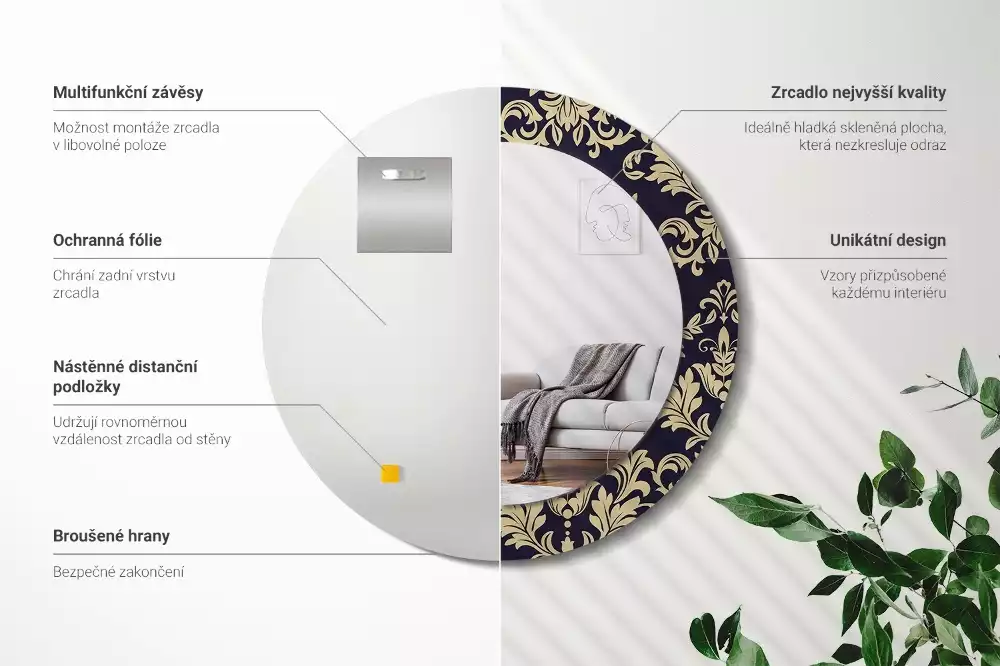 Okrúhle zrkadlo rám s potlačou Kvetinový vzor