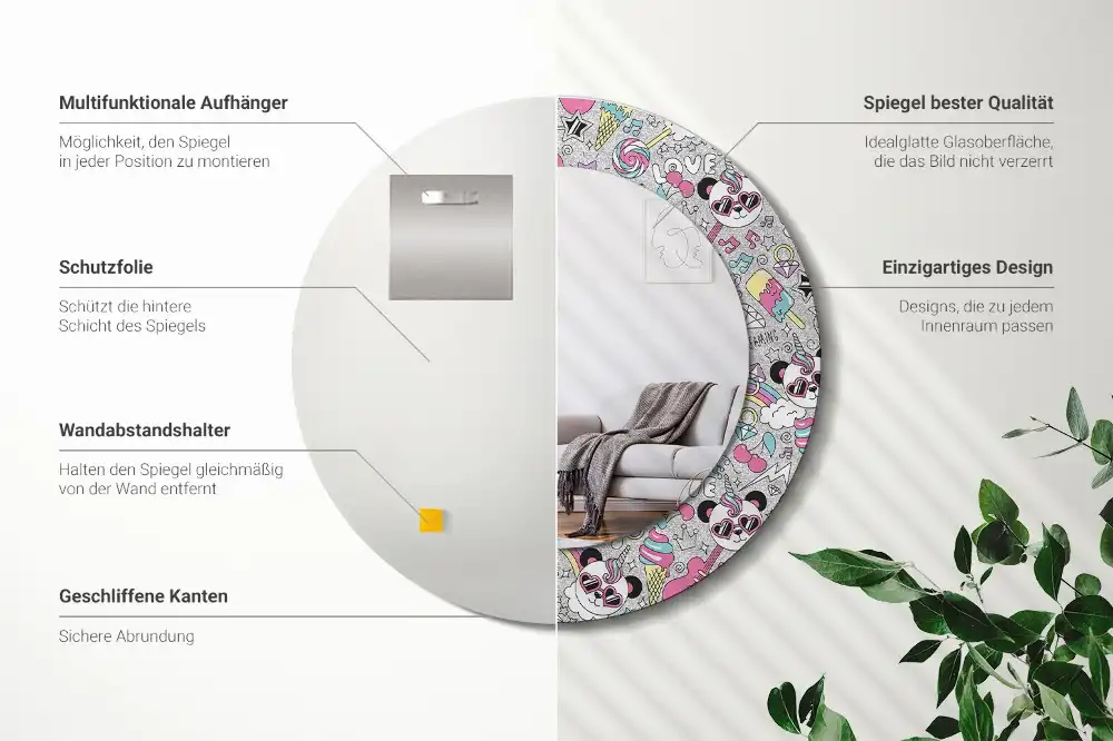 Okrúhle zrkadlo rám s potlačou Jednorožec panda