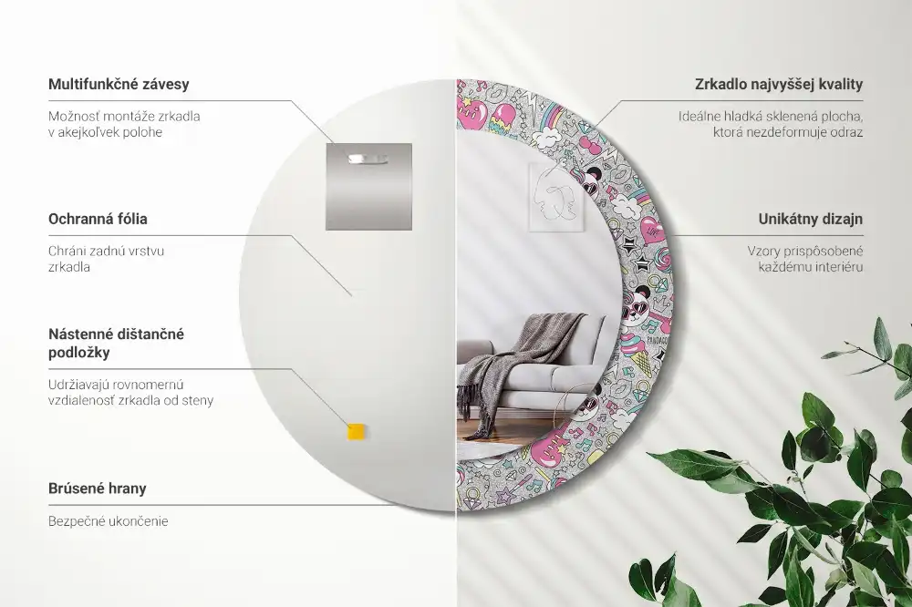 Okrúhle zrkadlo rám s potlačou Jednorožec panda