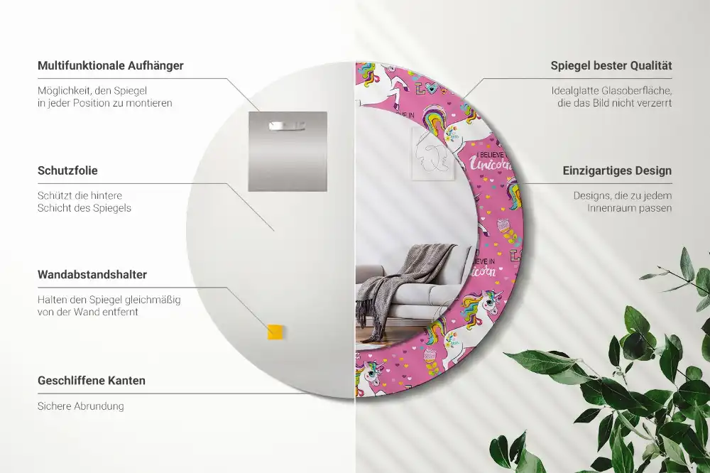 Okrúhle zrkadlo rám s potlačou Magický jednorožec