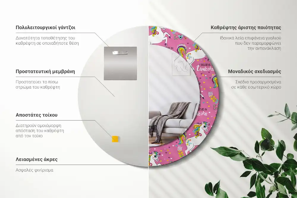 Okrúhle zrkadlo rám s potlačou Magický jednorožec