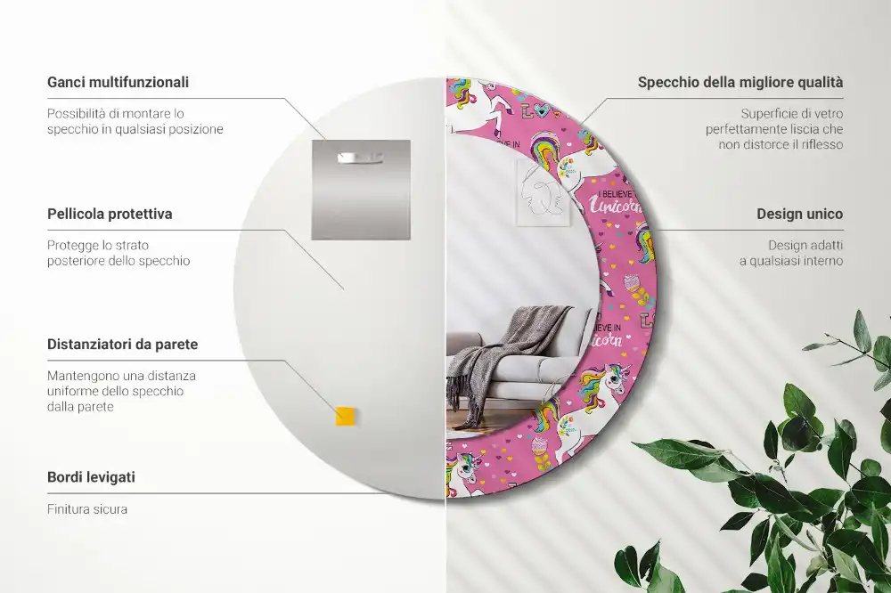 Okrúhle zrkadlo rám s potlačou Magický jednorožec