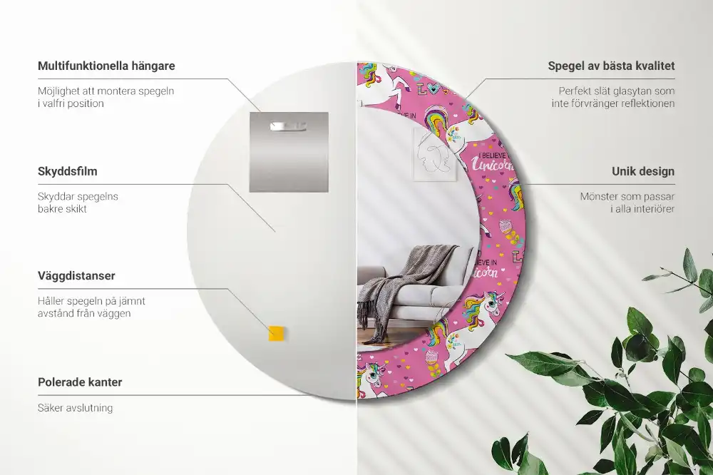 Okrúhle zrkadlo rám s potlačou Magický jednorožec