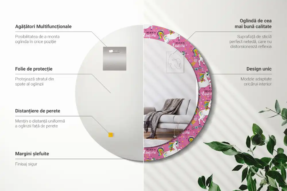 Okrúhle zrkadlo rám s potlačou Magický jednorožec