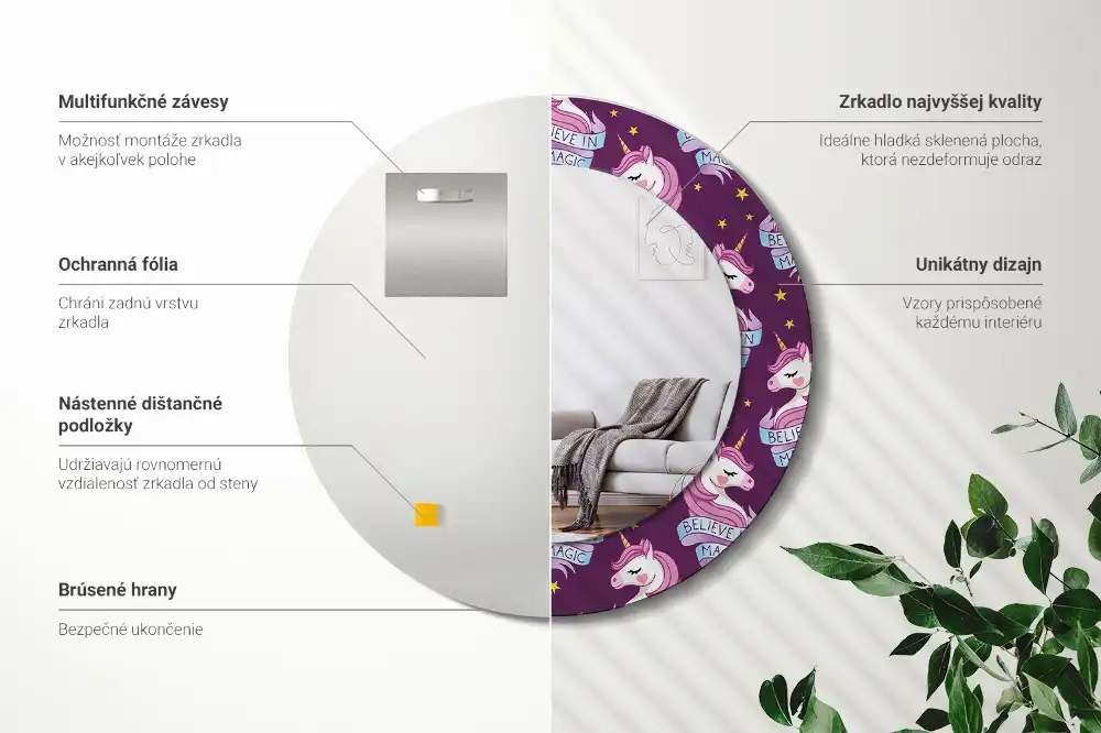 Okrúhle dekoračné zrkadlo na stenu Hviezdny jednorožec