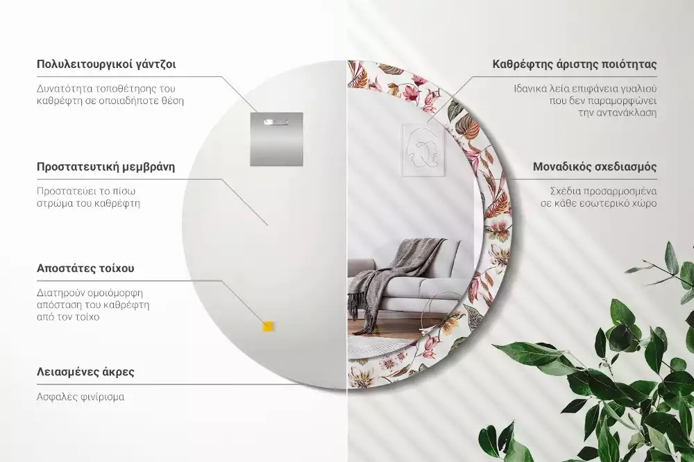 Okrúhle zrkadlo rám s potlačou Starožitné kvety