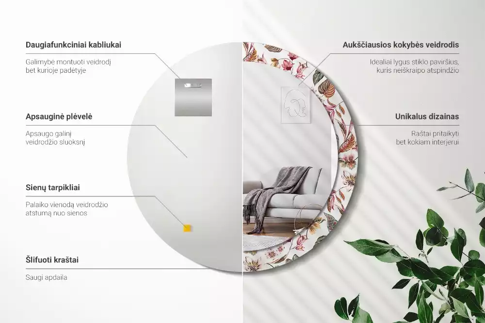 Okrúhle zrkadlo rám s potlačou Starožitné kvety