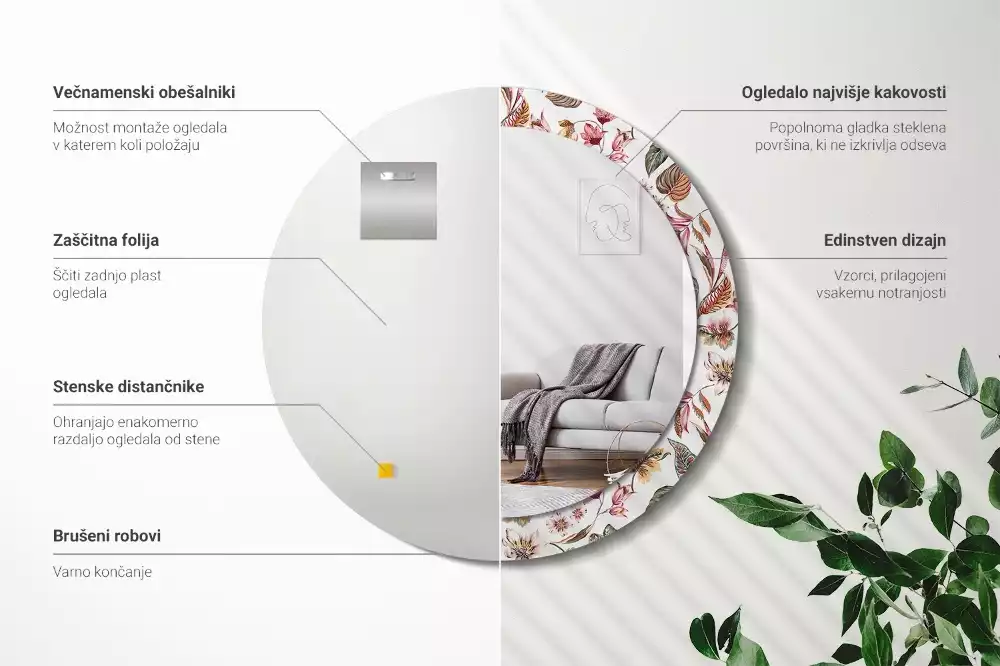 Okrúhle zrkadlo rám s potlačou Starožitné kvety