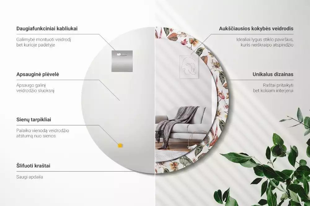 Okrúhle zrkadlo rám s potlačou Starožitné kvety