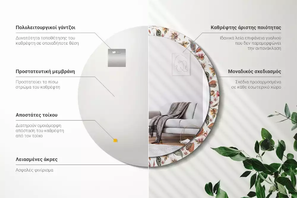 Okrúhle zrkadlo rám s potlačou Starožitné kvety