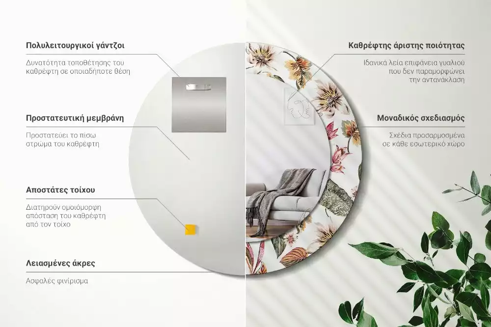 Okrúhle zrkadlo rám s potlačou Starožitné kvety