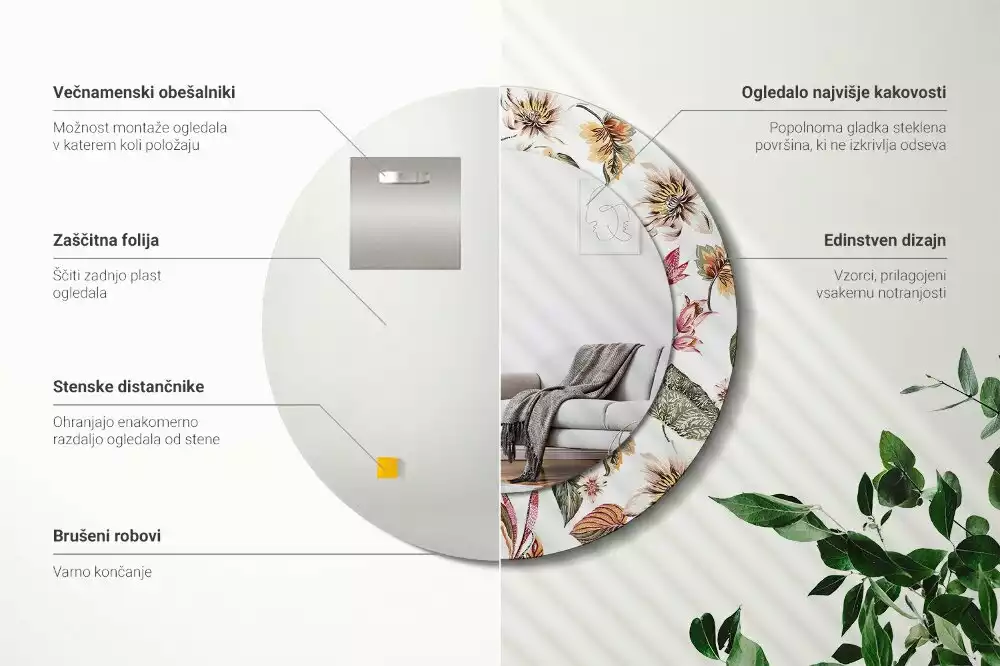 Okrúhle zrkadlo rám s potlačou Starožitné kvety