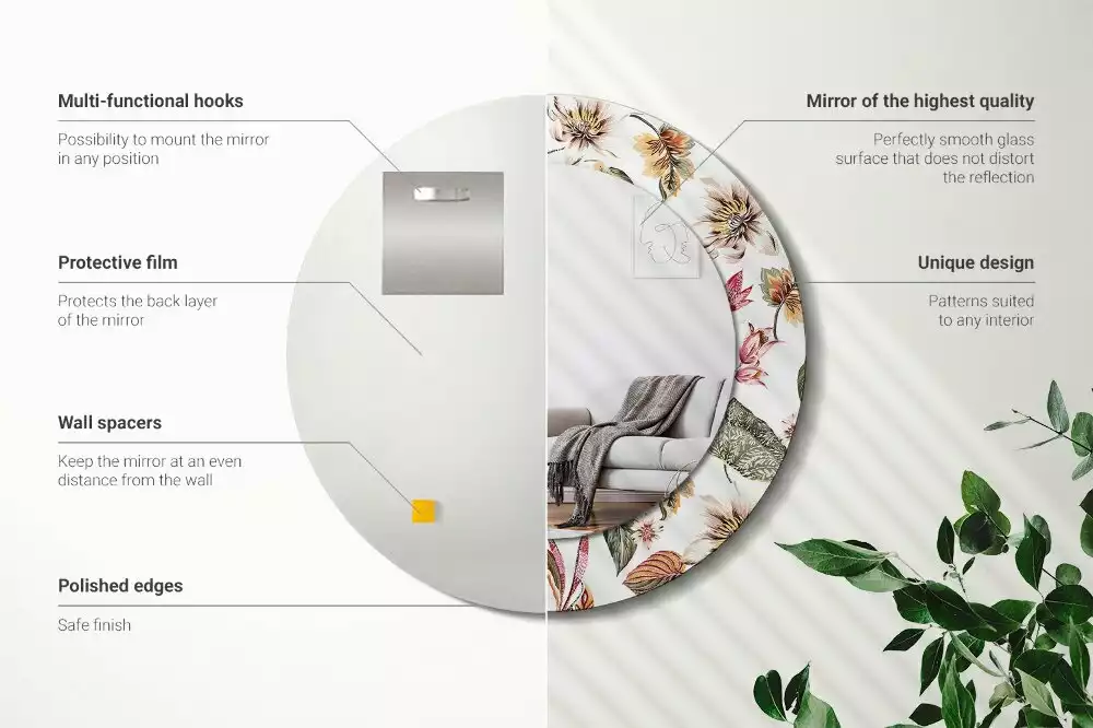 Okrúhle zrkadlo rám s potlačou Starožitné kvety