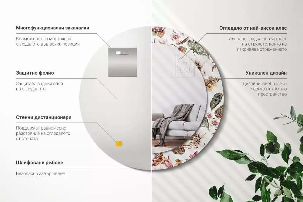 Okrúhle zrkadlo rám s potlačou Starožitné kvety