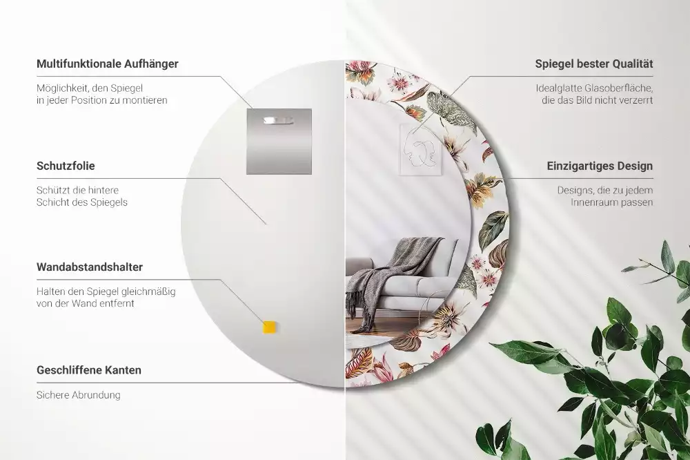 Okrúhle zrkadlo rám s potlačou Starožitné kvety