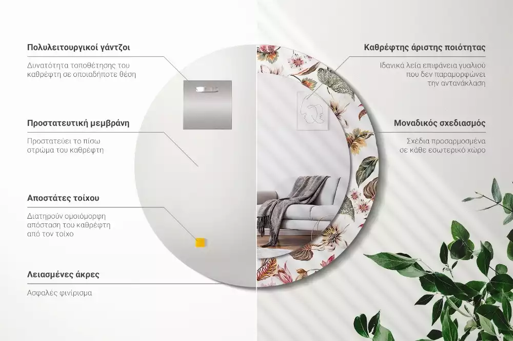 Okrúhle zrkadlo rám s potlačou Starožitné kvety