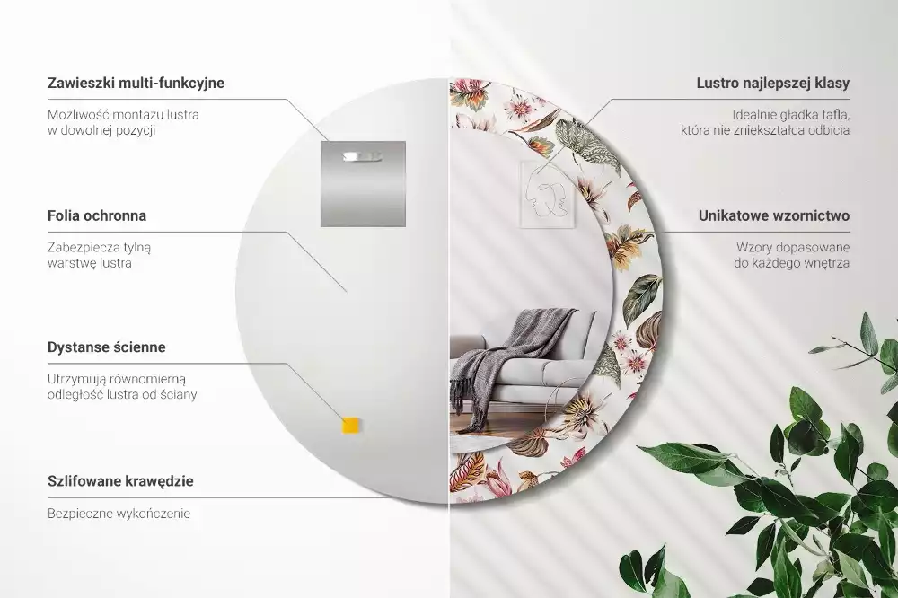 Okrúhle zrkadlo rám s potlačou Starožitné kvety