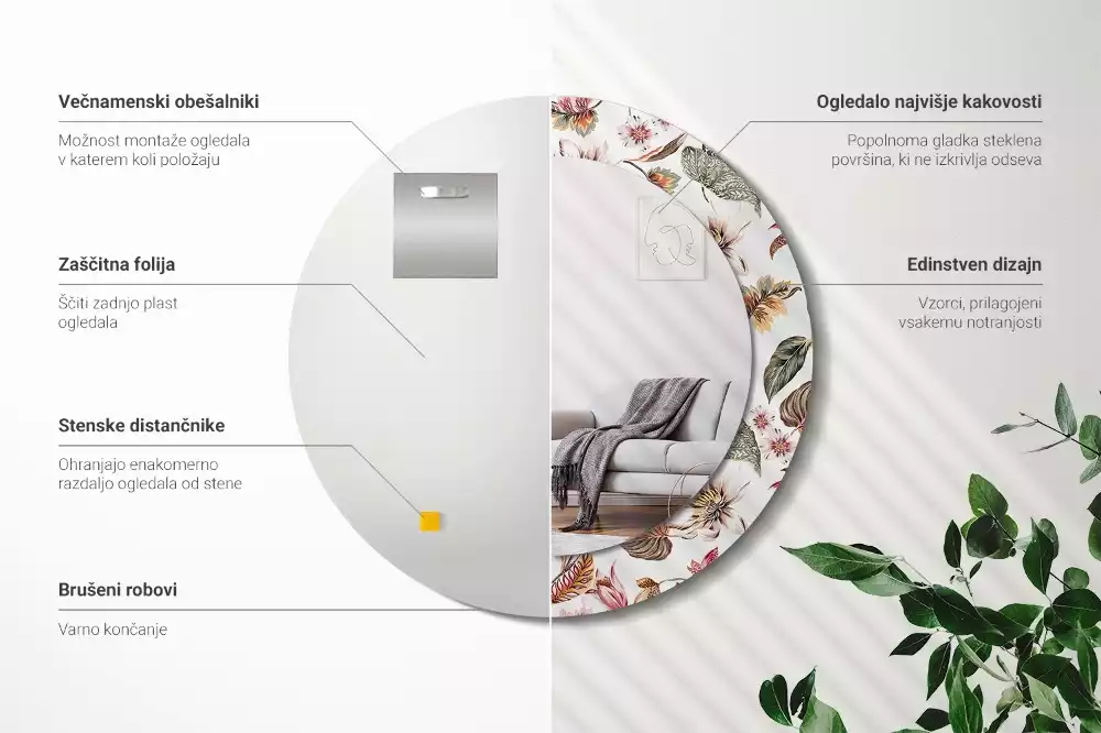 Okrúhle zrkadlo rám s potlačou Starožitné kvety