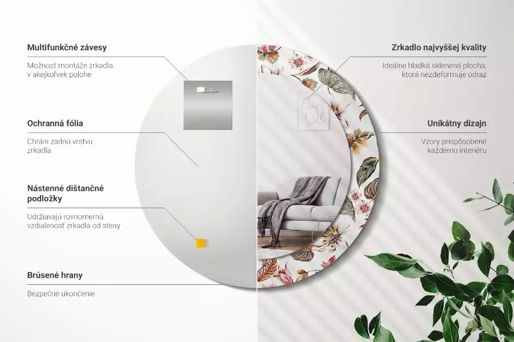 Okrúhle zrkadlo rám s potlačou Starožitné kvety