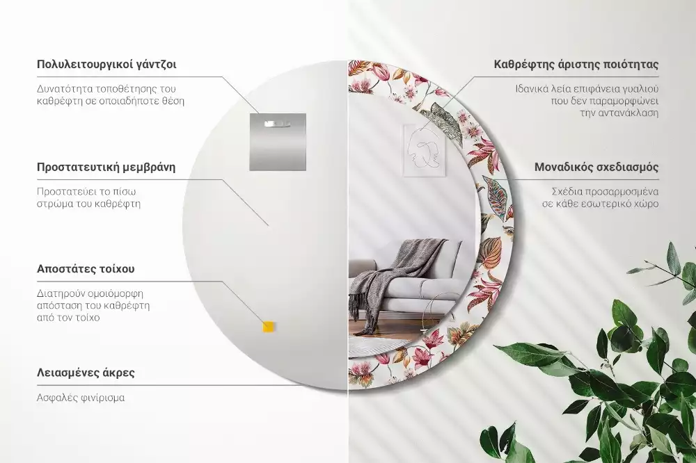 Okrúhle zrkadlo rám s potlačou Starožitné kvety