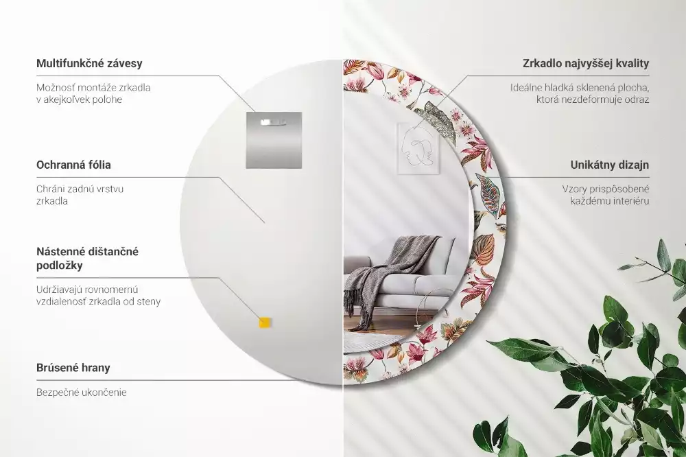 Okrúhle zrkadlo rám s potlačou Starožitné kvety