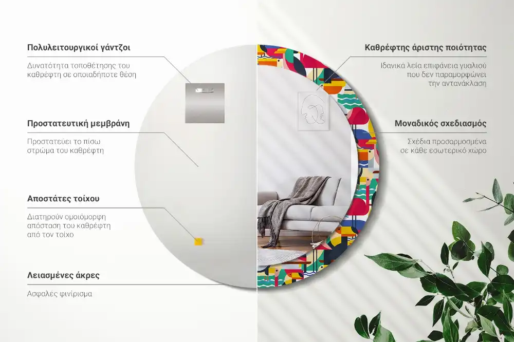 Okrúhle zrkadlo s potlačeným rámom Geometrické tropické vtáky