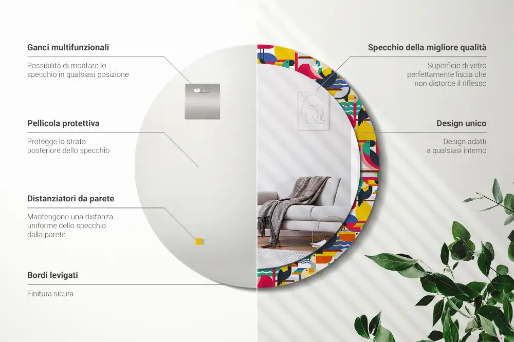 Okrúhle zrkadlo s potlačeným rámom Geometrické tropické vtáky