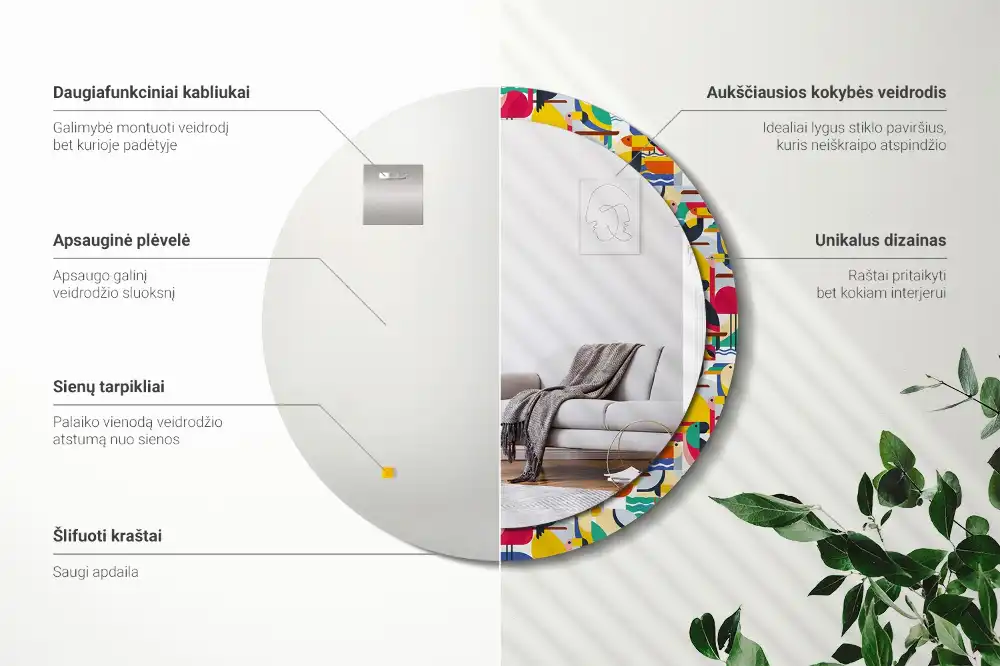 Okrúhle zrkadlo s potlačeným rámom Geometrické tropické vtáky