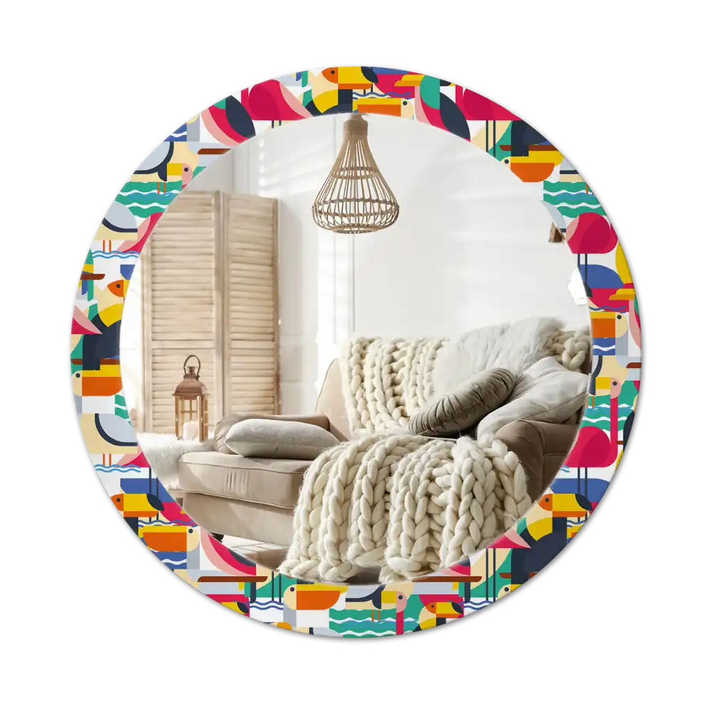 Okrúhle zrkadlo s potlačeným rámom Geometrické tropické vtáky