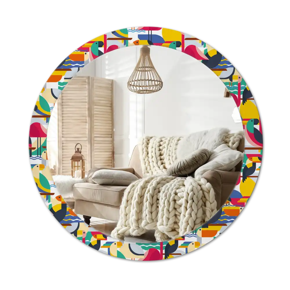 Okrúhle zrkadlo s potlačeným rámom Geometrické tropické vtáky