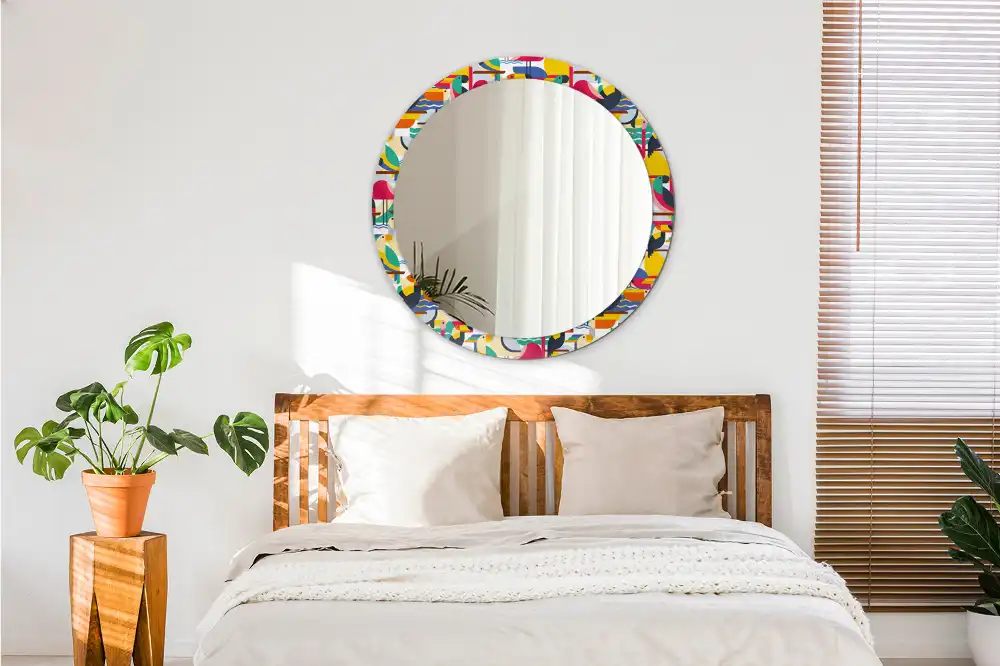 Okrúhle zrkadlo s potlačeným rámom Geometrické tropické vtáky