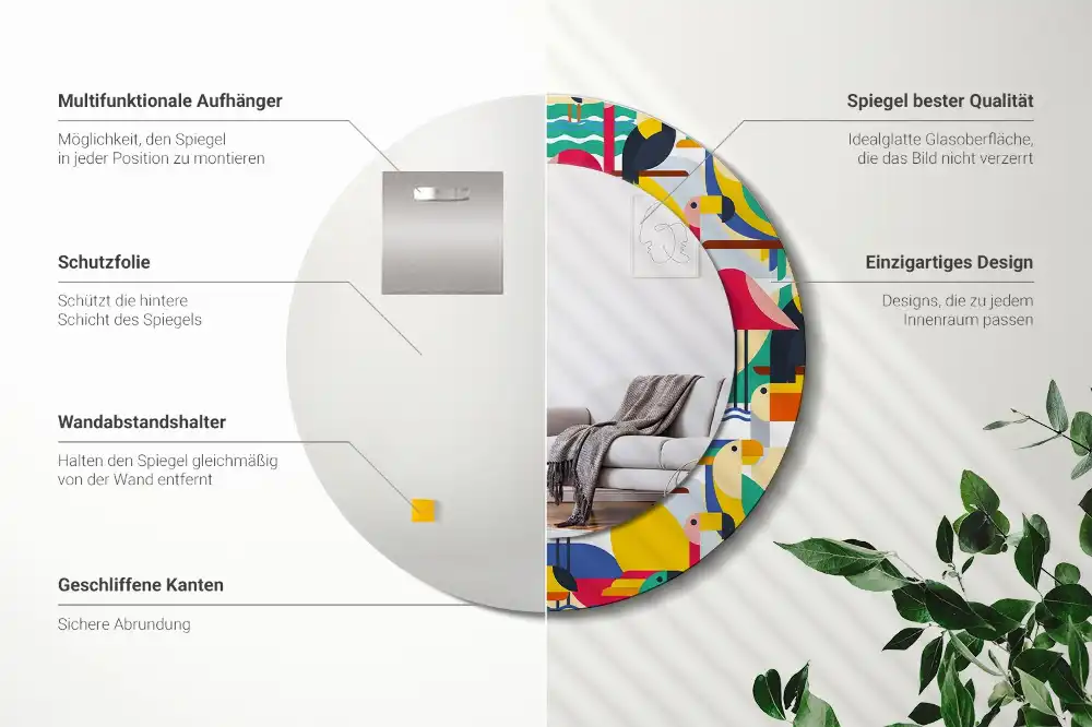 Okrúhle zrkadlo s potlačeným rámom Geometrické tropické vtáky