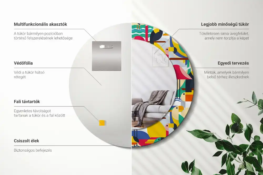 Okrúhle zrkadlo s potlačeným rámom Geometrické tropické vtáky