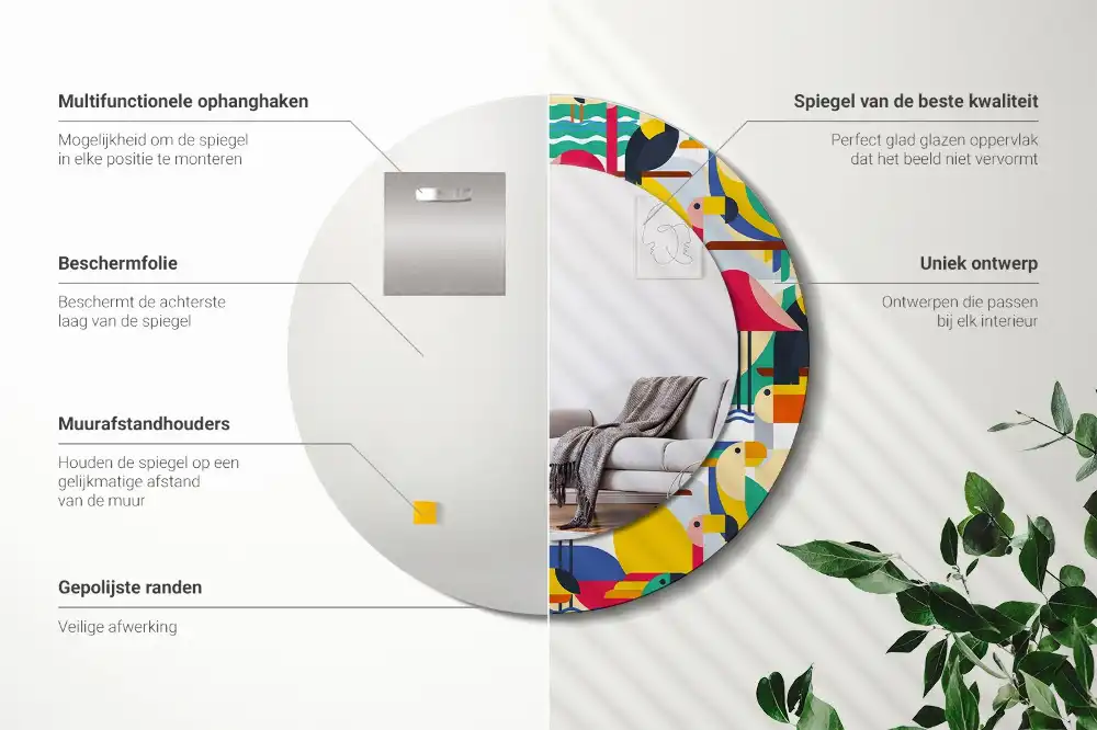 Okrúhle zrkadlo s potlačeným rámom Geometrické tropické vtáky