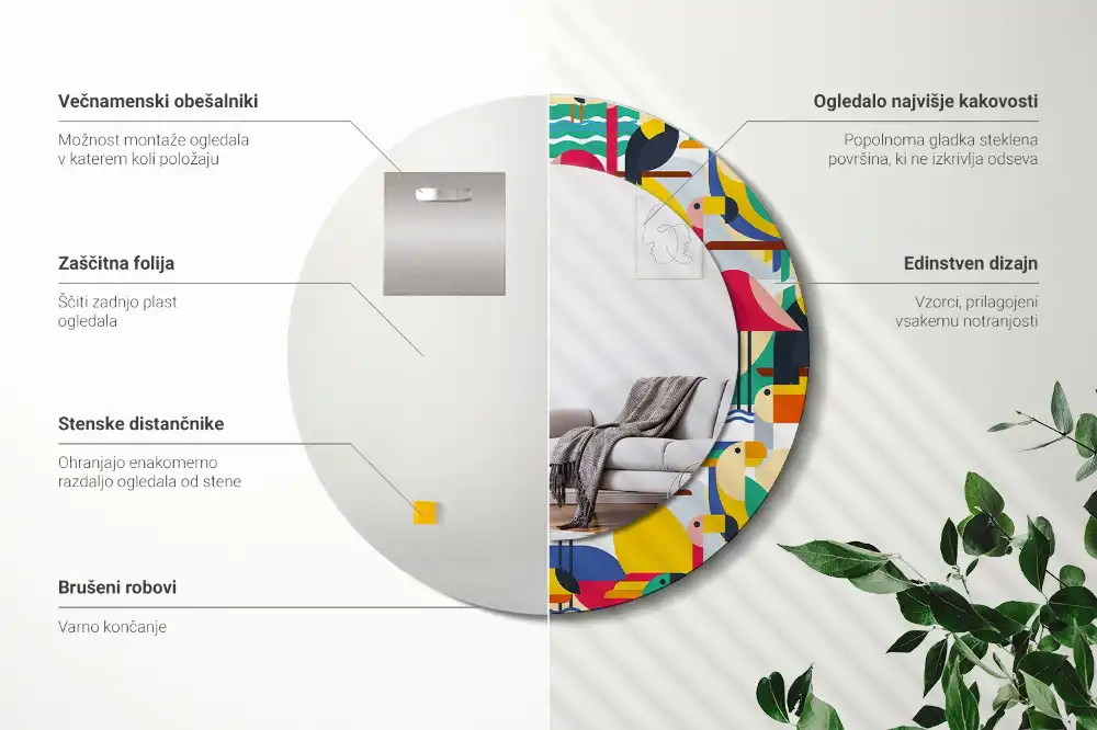 Okrúhle zrkadlo s potlačeným rámom Geometrické tropické vtáky